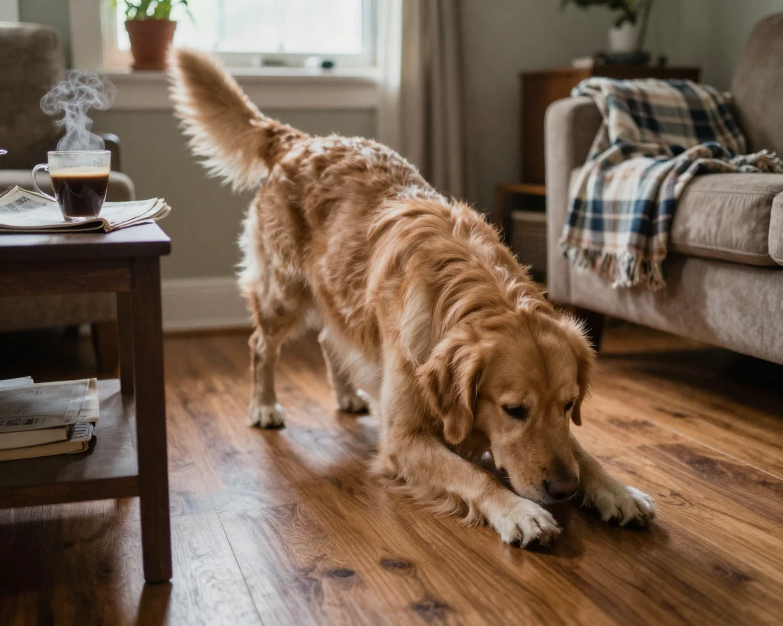 A dog stretches into a deep bow position first thing in the morning.