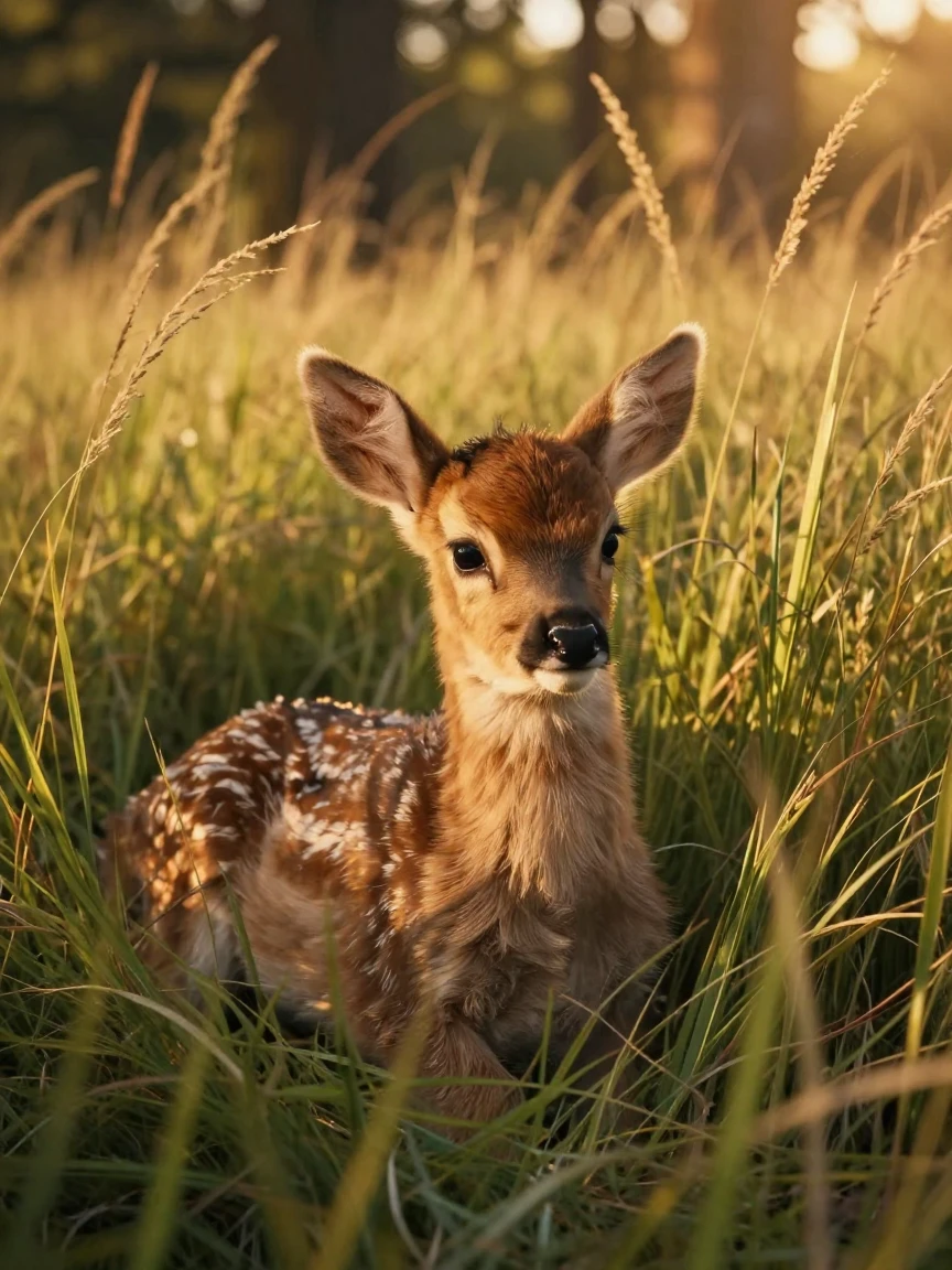 A fawn nestled quietly in tall grass, its spotted coat blending with the shadows