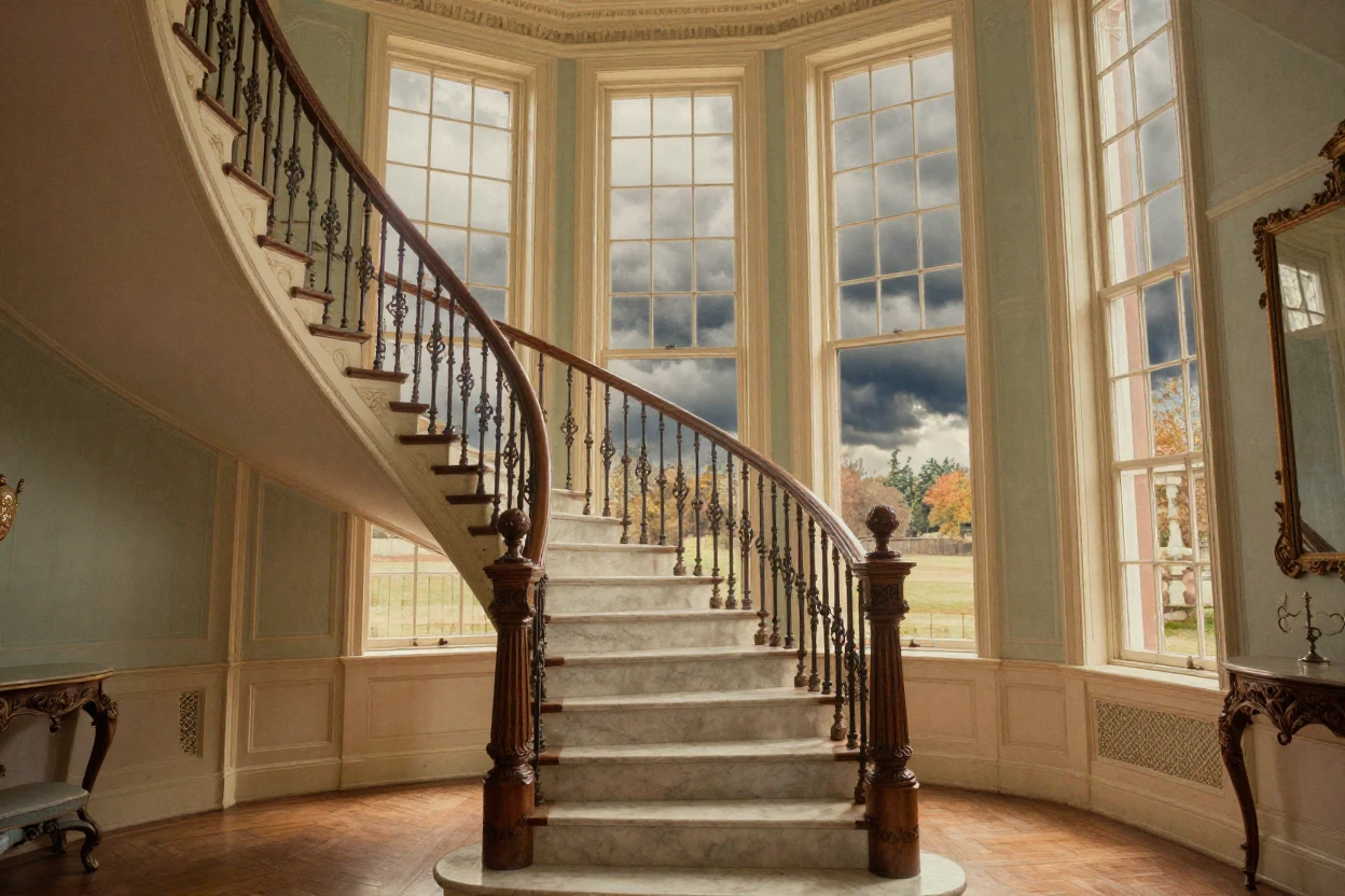 A grand staircase winding through an old manor house, in warm morning light, under a darkening storm sky, in the mild days of early autumn, in soft muted pastels, from a slightly elevated vantage point.