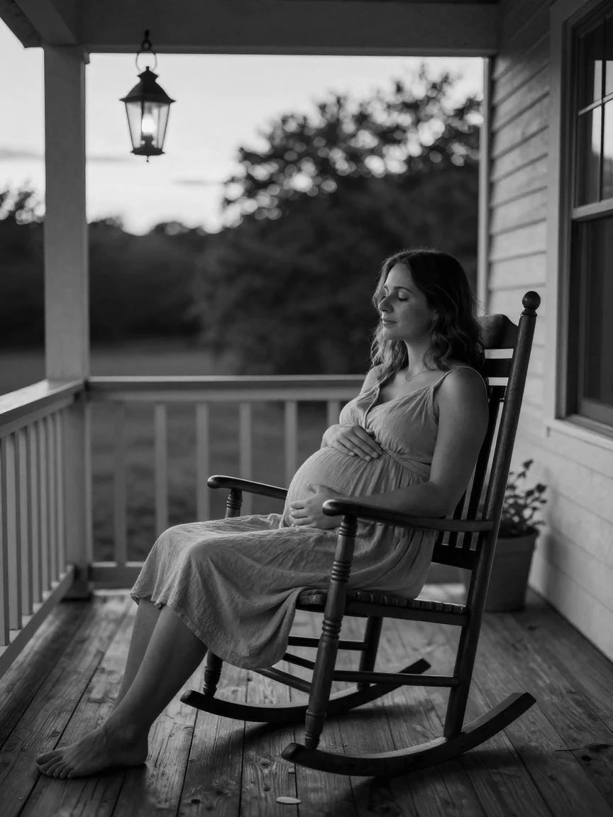 A pregnant woman rests a hand on her belly at sunset on a quiet porch.