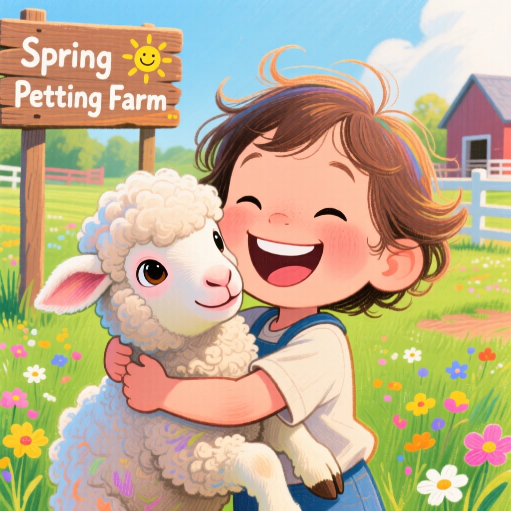 A child hugging a fuzzy baby lamb at a spring petting farm.