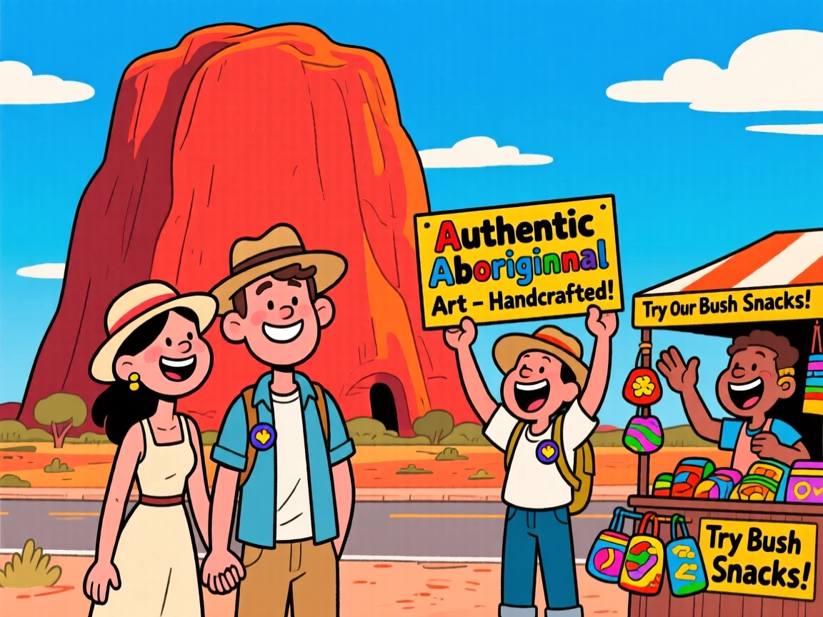 An iconic travel scene featuring a honeymooning couple standing before the towering red rock of Uluru, as street vendors call out cheerfully nearby.