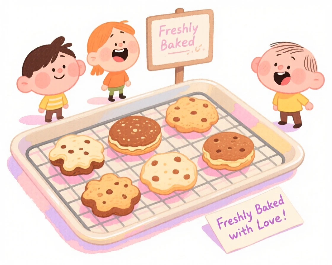 A cozy, appetizing, bright and cheerful scene of a tray of fresh-baked cookies cooling on a wire rack