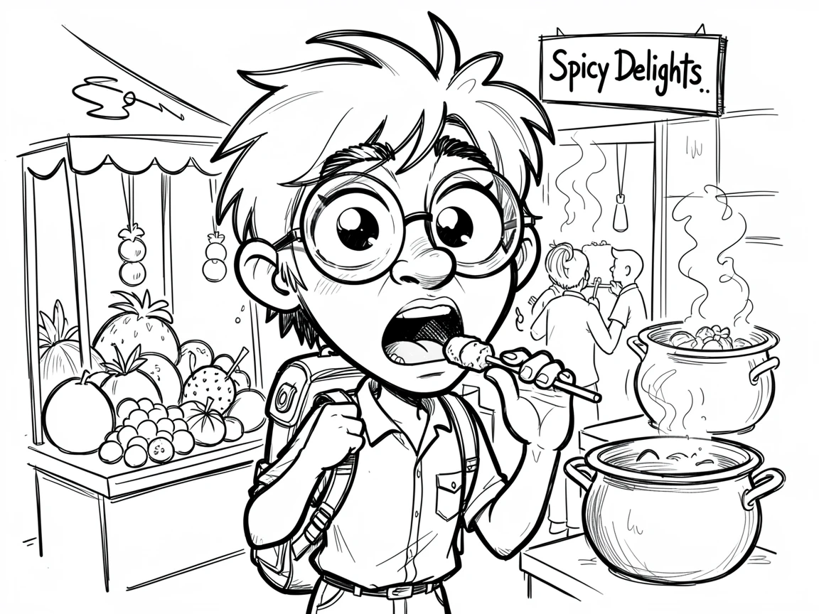 [Travel & Cultural Experiences] Vivid travel scene of a wide-eyed traveler sampling exotic street food, full of wonder and adventure