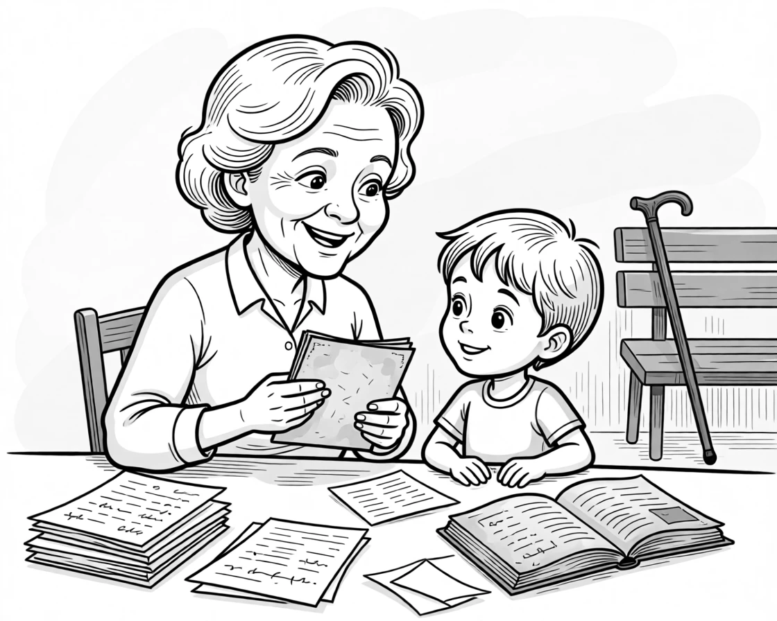 A grandmother teaching a grandchild to bake her secret recipe, recalling old addresses with surprising accuracy, set at a cluttered desk covered in essays. A cane leans against a nearby bench, momentarily forgotten. It captures the quiet joy of passing traditions down.