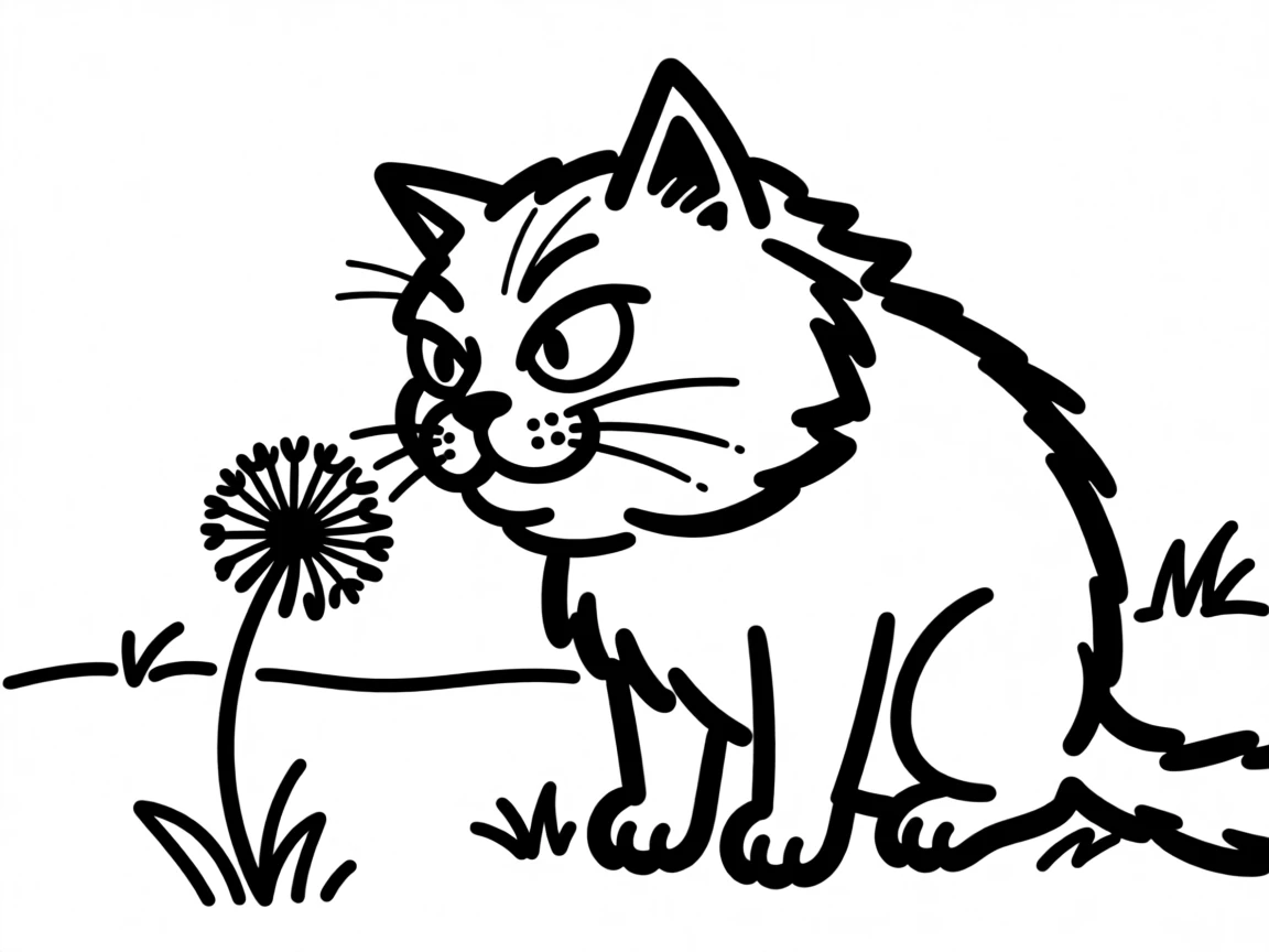 A persian cat curiously sniffing a single dandelion in a sunny backyard.