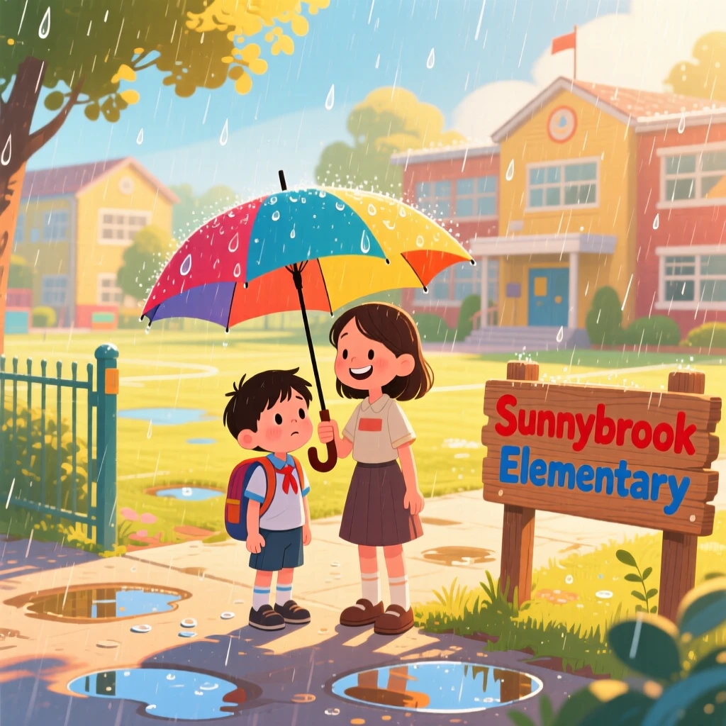 A lonely new student and a welcoming classmate are seen sharing an umbrella during a sudden rainstorm in a sunny schoolyard, with quiet gratitude in their eyes.