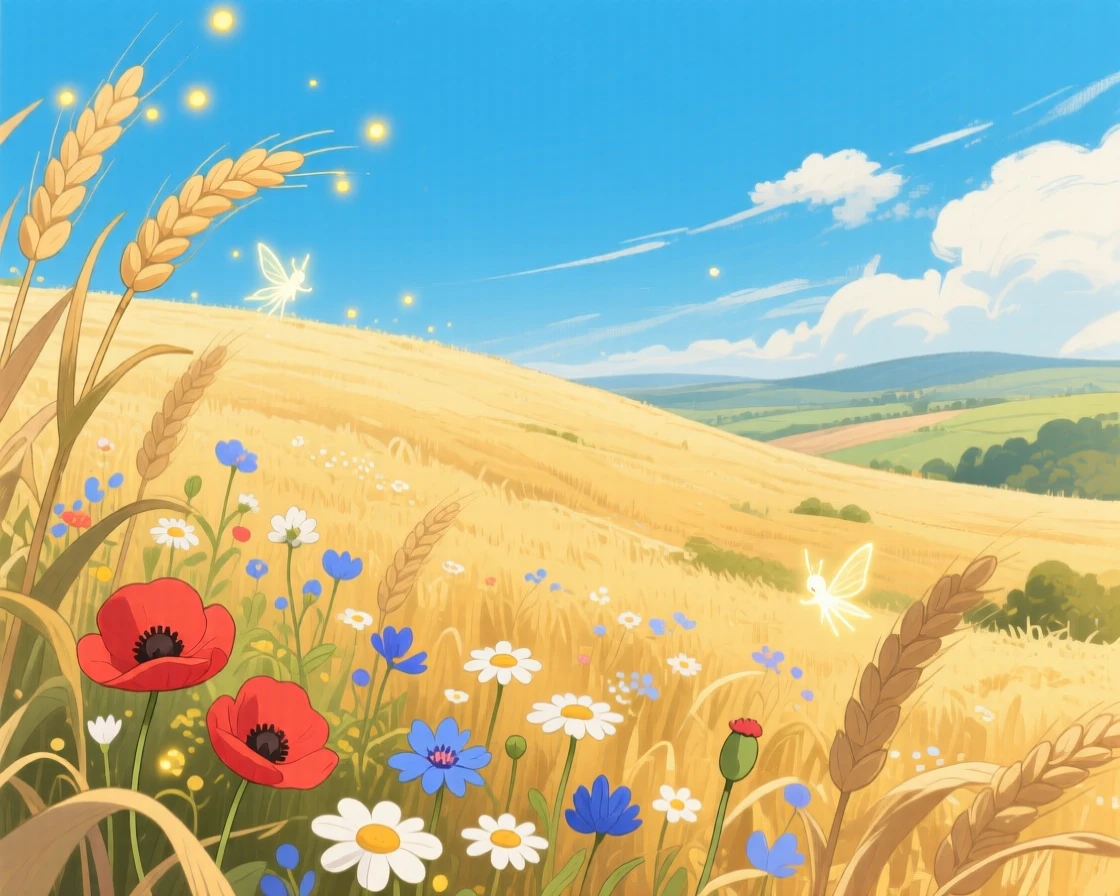A breathtaking view of a golden wheat field stretching to the horizon, with wildflowers swaying gently in the breeze, under a clear midday sky, viewed from a high vantage point.