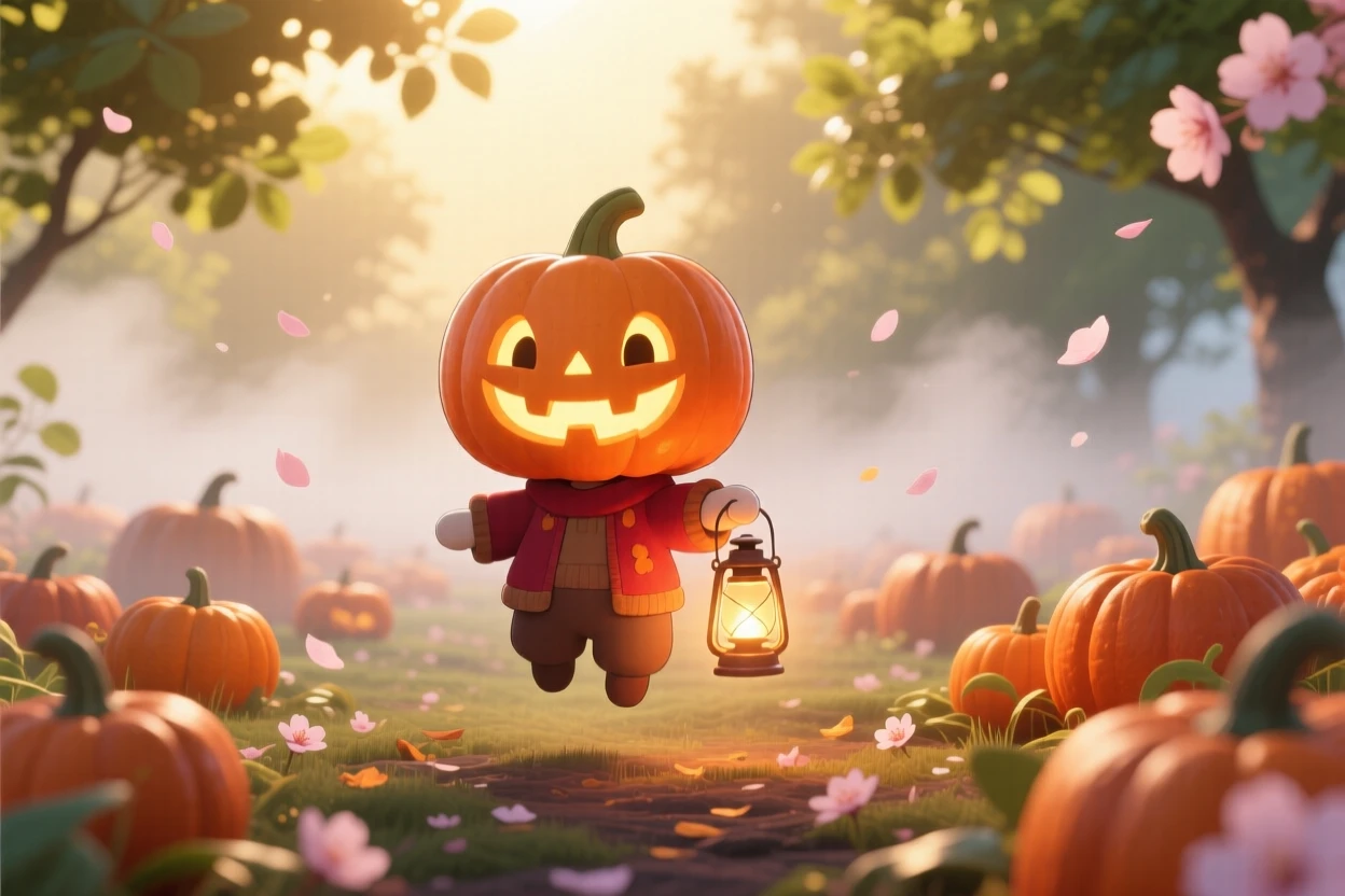 A smiling jack-o'-lantern spirit lighting the way with a gentle glow, framed as a symmetrical front-on view within a misty pumpkin patch, as cherry blossom petals drift on the breeze, glowing under warm morning light filtering through leaves, evoking delighted joy.