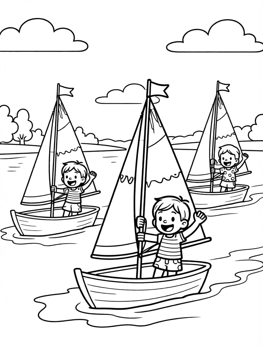 A group of children racing sailboats on a calm lake