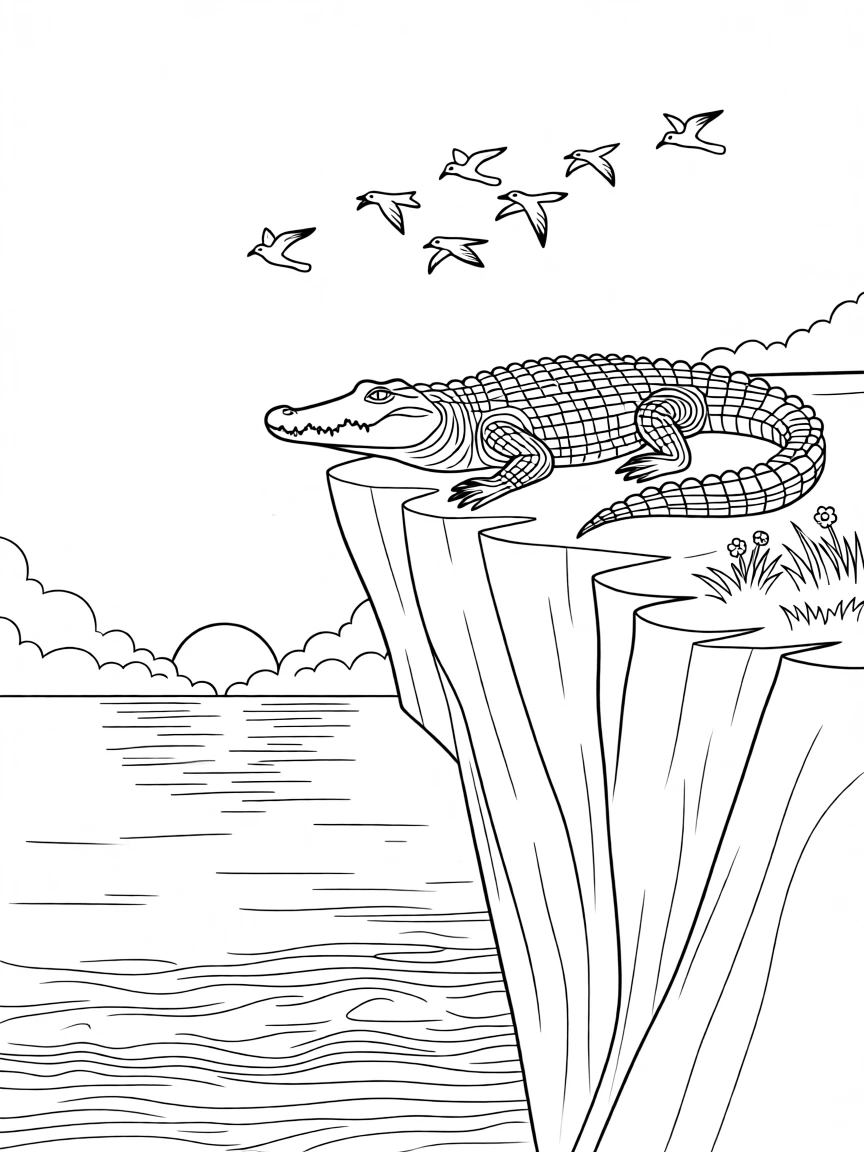 A crocodile perched on a jagged cliff at sunset, with a flock of small birds scattering nearby.