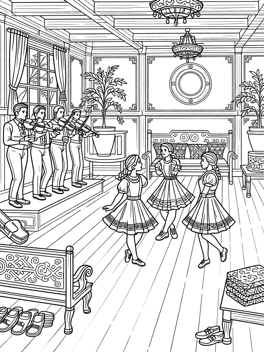 A céilí dance scene with fiddlers and dancers in a village hall.