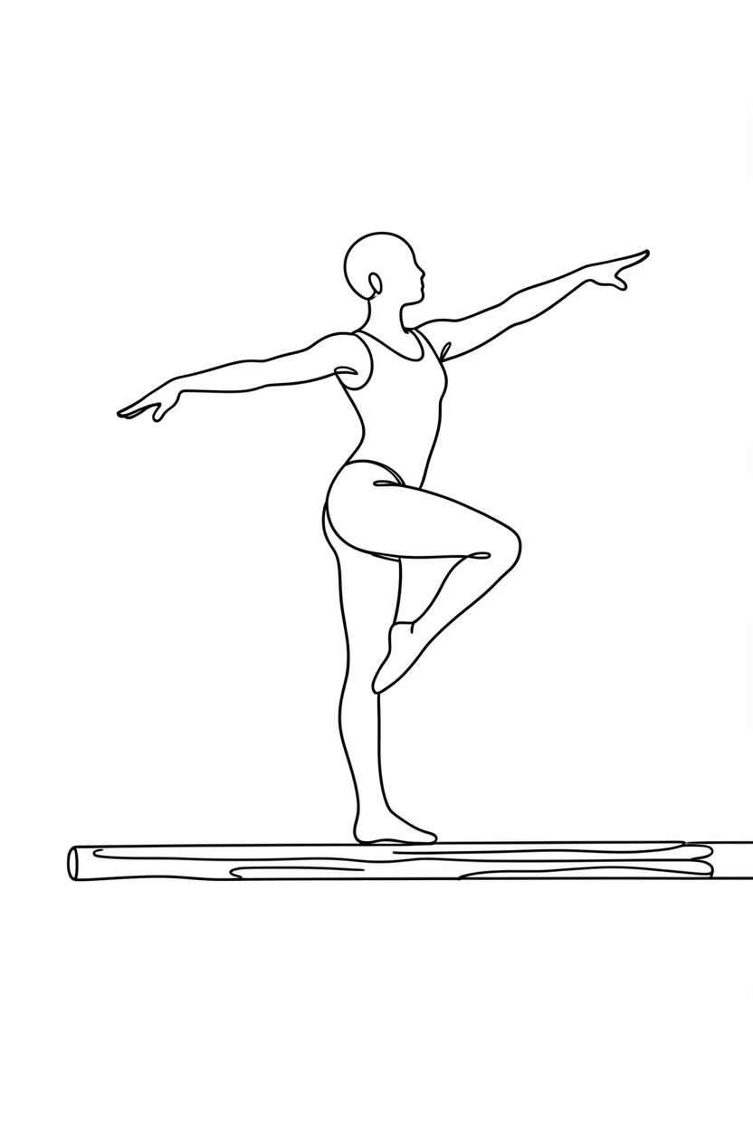 A gymnast balancing gracefully on a narrow wooden beam