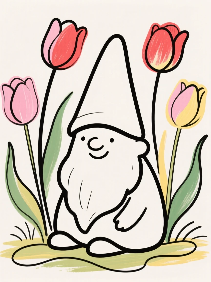 A garden gnome among the tulips