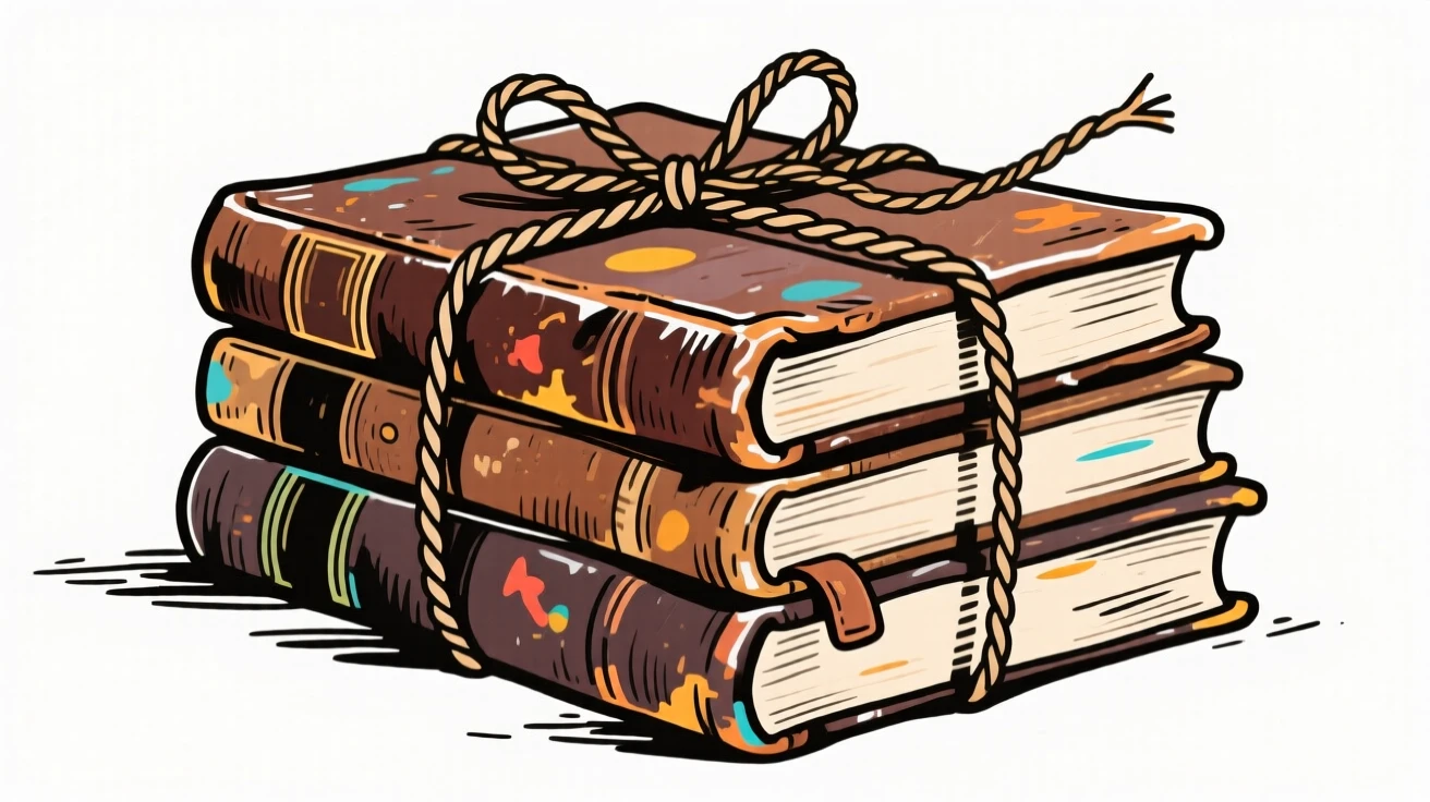 A stack of old leather-bound books tied with twine.
