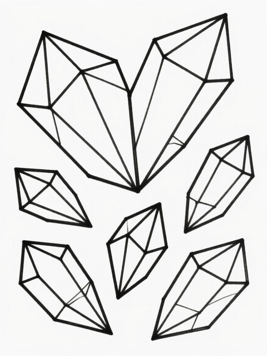 An abstract arrangement of angular crystalline shapes