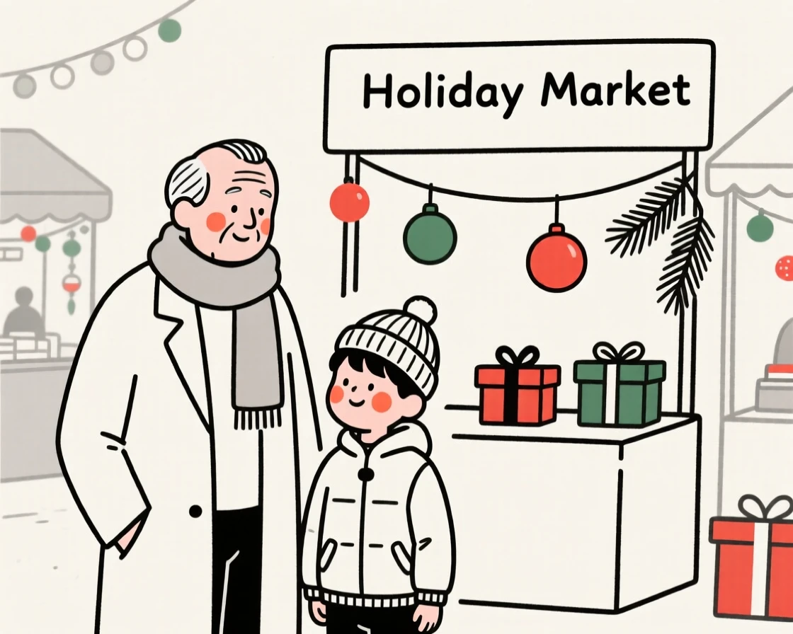 A grandfather and grandson, looking serene and at peace, at a bustling holiday market.
