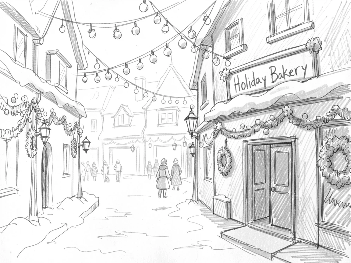 A snowy village square glowing with festive lights, along a festively decorated street, with festive colors filling the frame.