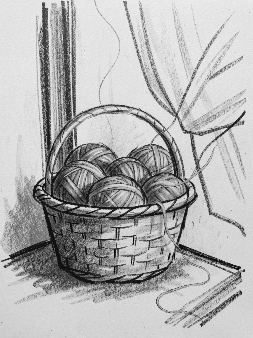 A knitting basket filled with colorful yarn beside a window, with a light breeze stirring the surroundings.