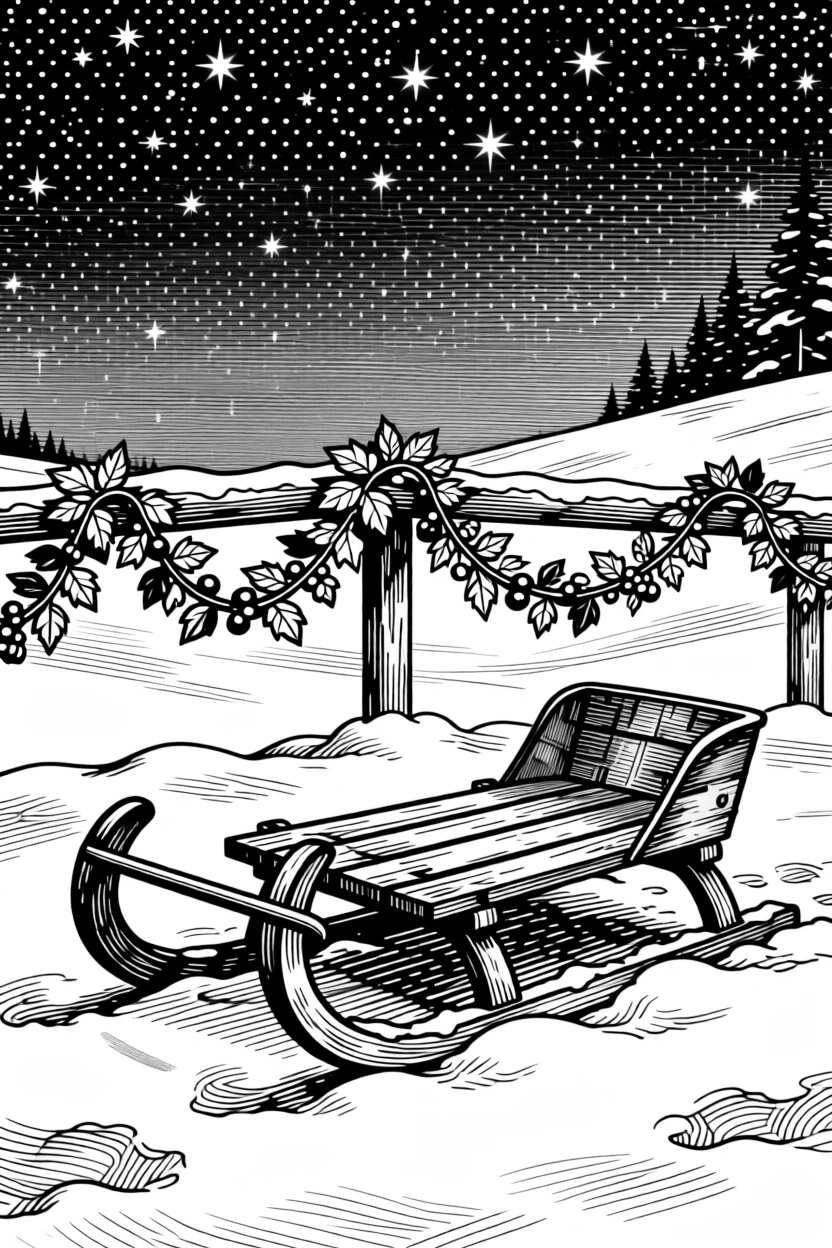 A sleigh resting in freshly fallen snow beneath a sky full of summer stars, with garlands draped along a wooden railing, capturing a quietly joyful seasonal moment.