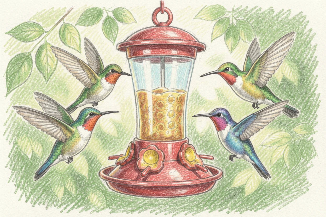 A hummingbird feeder surrounded by darting, colorful visitors, with a gentle play of light and shadow across the composition, perfect for anyone drawn to gentle, heartfelt imagery.