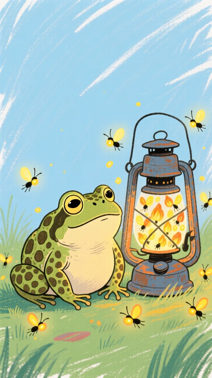 A small toad gathered around a lantern lit with fireflies.