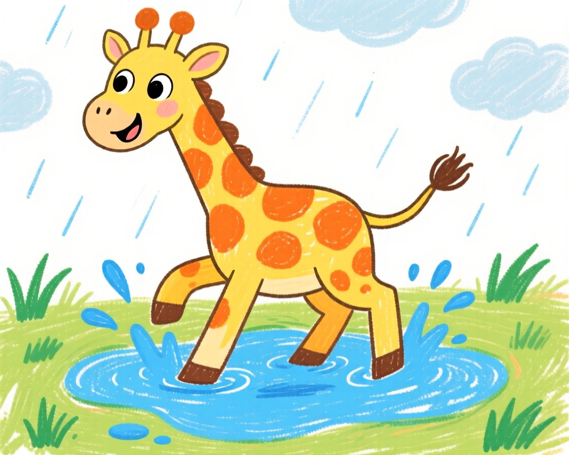 A wobbly baby giraffe splashing in a shallow puddle after rain.