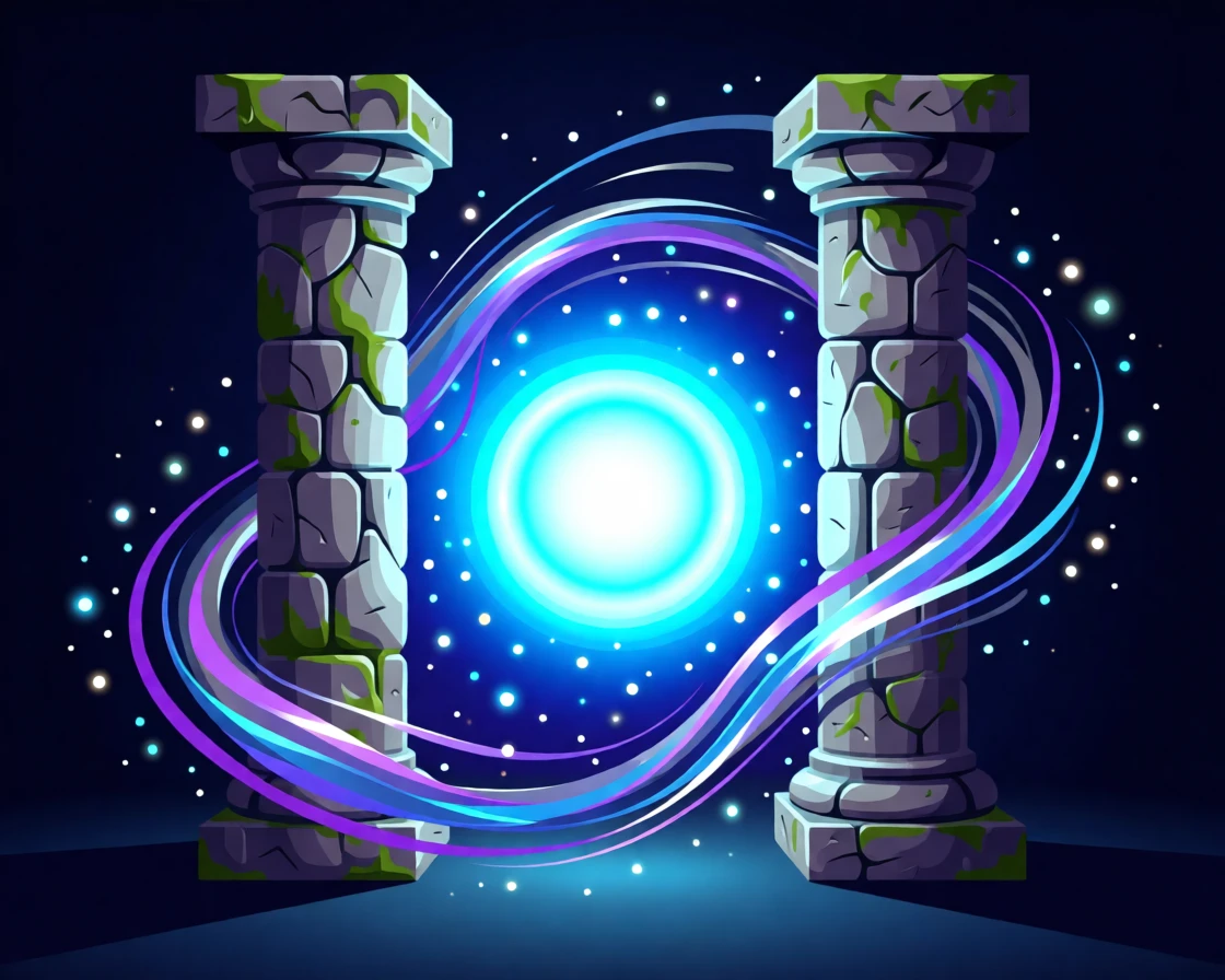A hidden portal glowing between two ancient stone pillars, surrounded by swirling magical energy and sparkling light, arranged with dramatic lighting emphasizing the magical elements, with subtle magical particles drifting through the air.