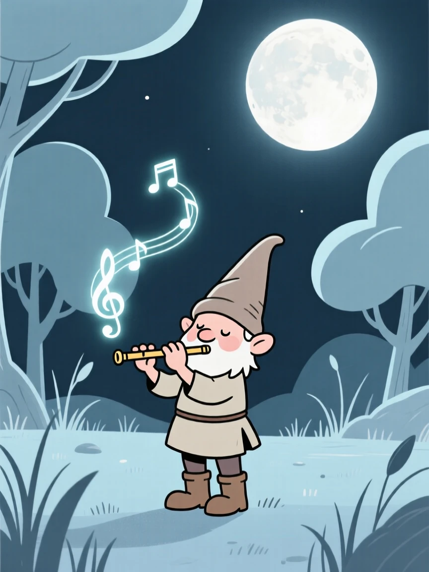 A tiny gnome playing a magical flute near a moonlit clearing.