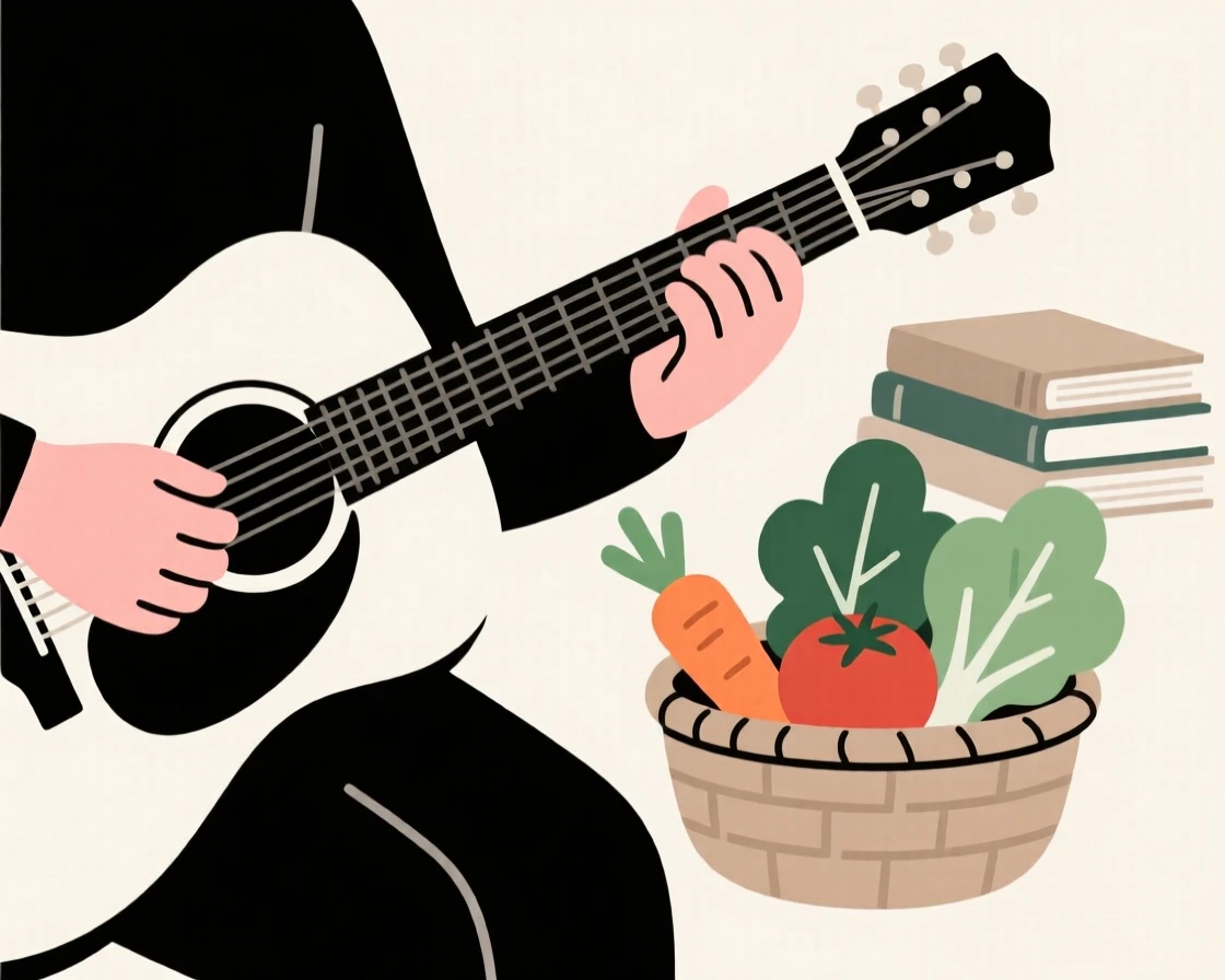 A close view of hands playing an acoustic guitar near a basket of fresh vegetables in a small home library, full of joyful discovery.