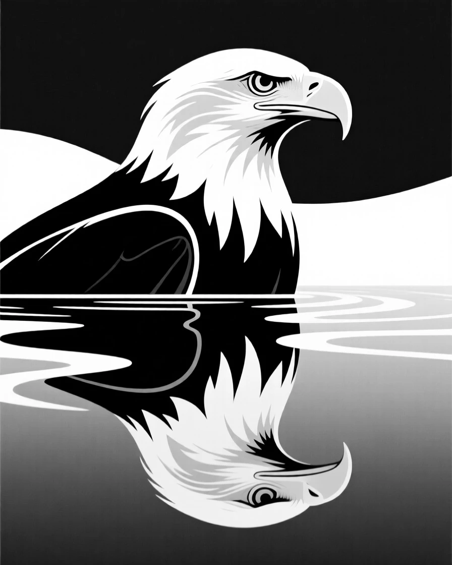 A bald eagle reflected in still water.