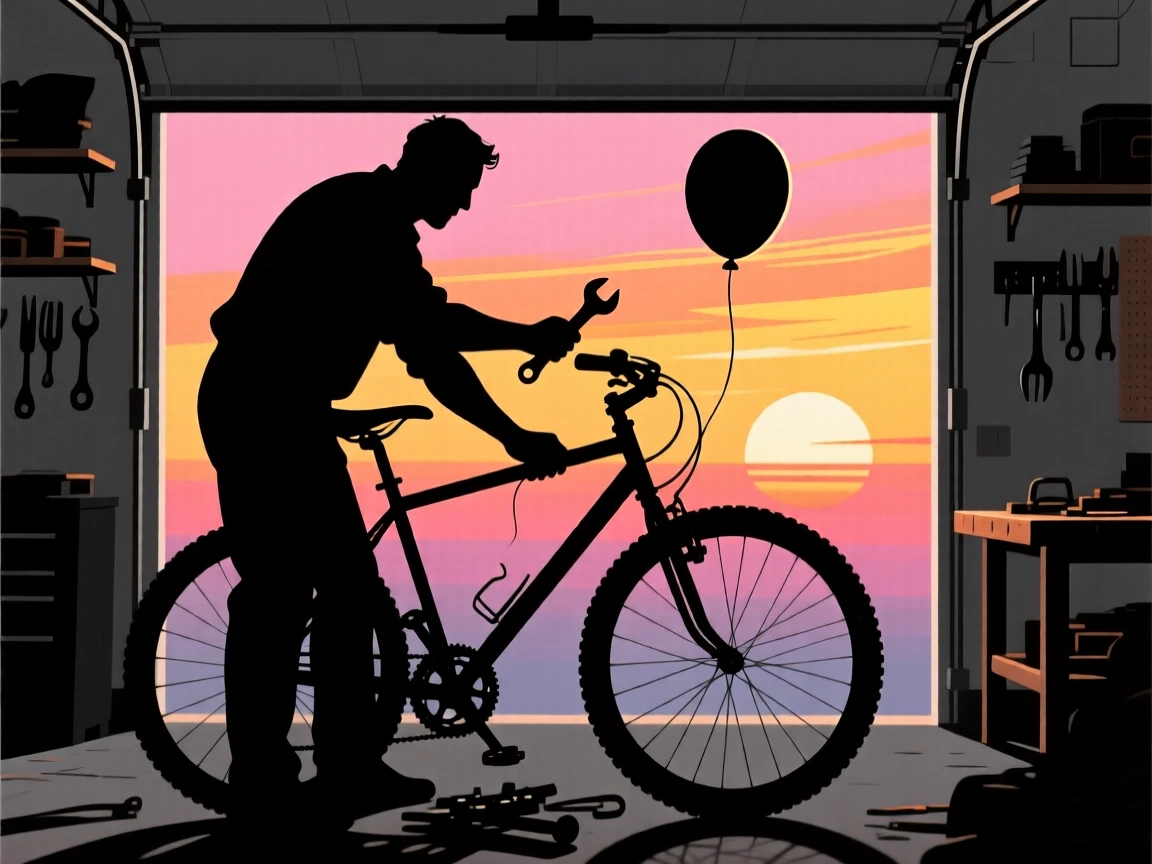 A father assembling a bicycle in the garage on a birthday morning.