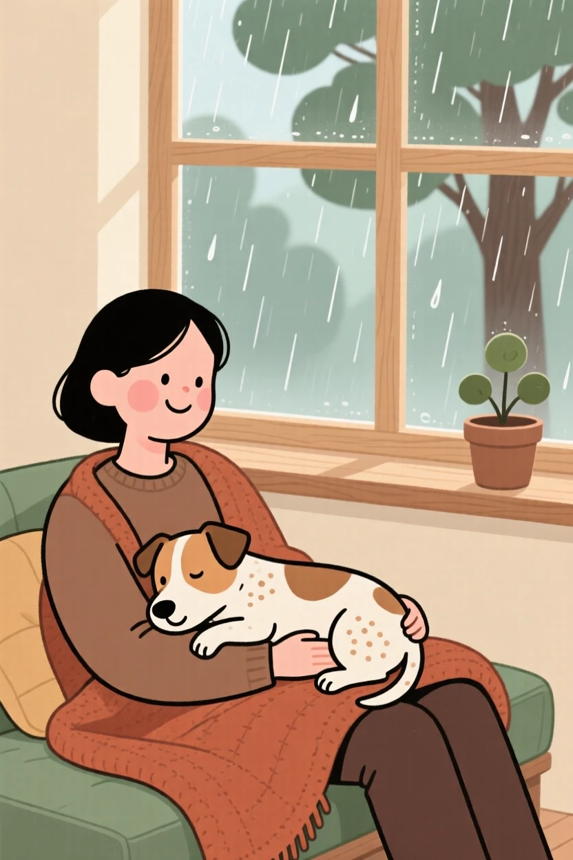 A small terrier rests its head on its owner's lap during a quiet rainy morning on the window seat, both perfectly content.