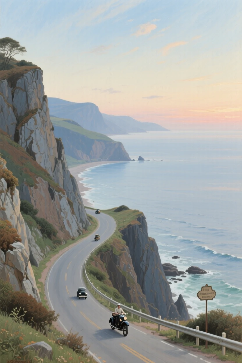 A panoramic view of a scenic overlook where a winding coastal road hugs steep cliffs, in the 1920s, in the pale light of early evening.