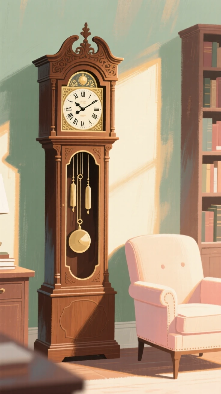An ornate grandfather clock standing in a quiet study
