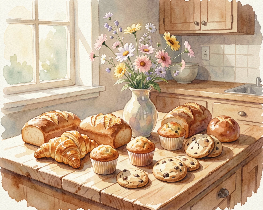 A kitchen island covered with fresh baked goods with a vase of fresh flowers on the table.