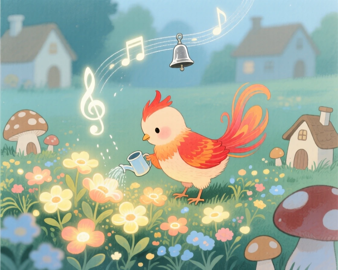 A tiny baby phoenix waters a garden of luminous flowers in a village of tiny mushroom houses, as distant chimes ring softly in the wind