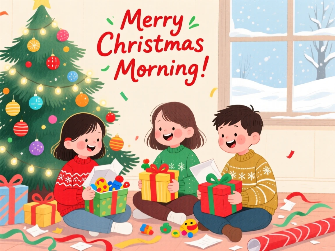 Children opening presents on a festive morning, full of warmth and laughter.