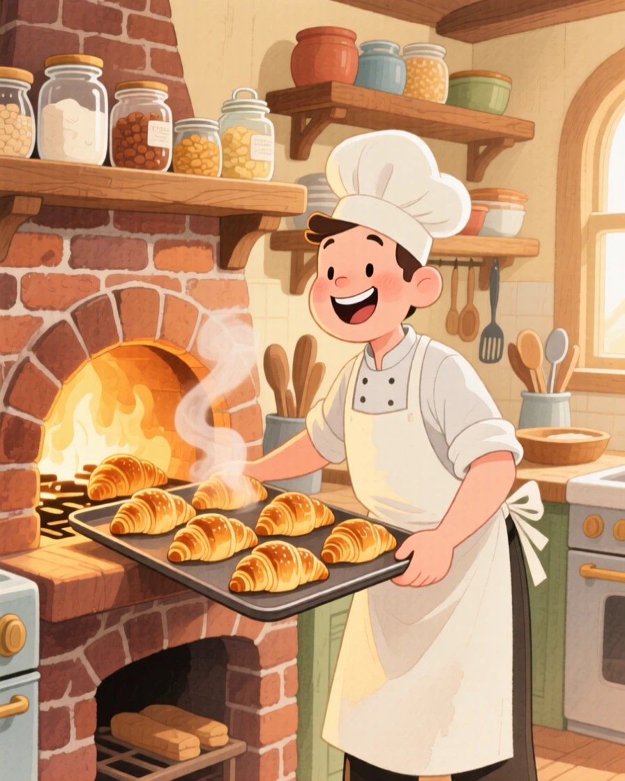 A baker pulling a tray of golden croissants from a brick oven, filled with the warmth of a home-cooked welcome.