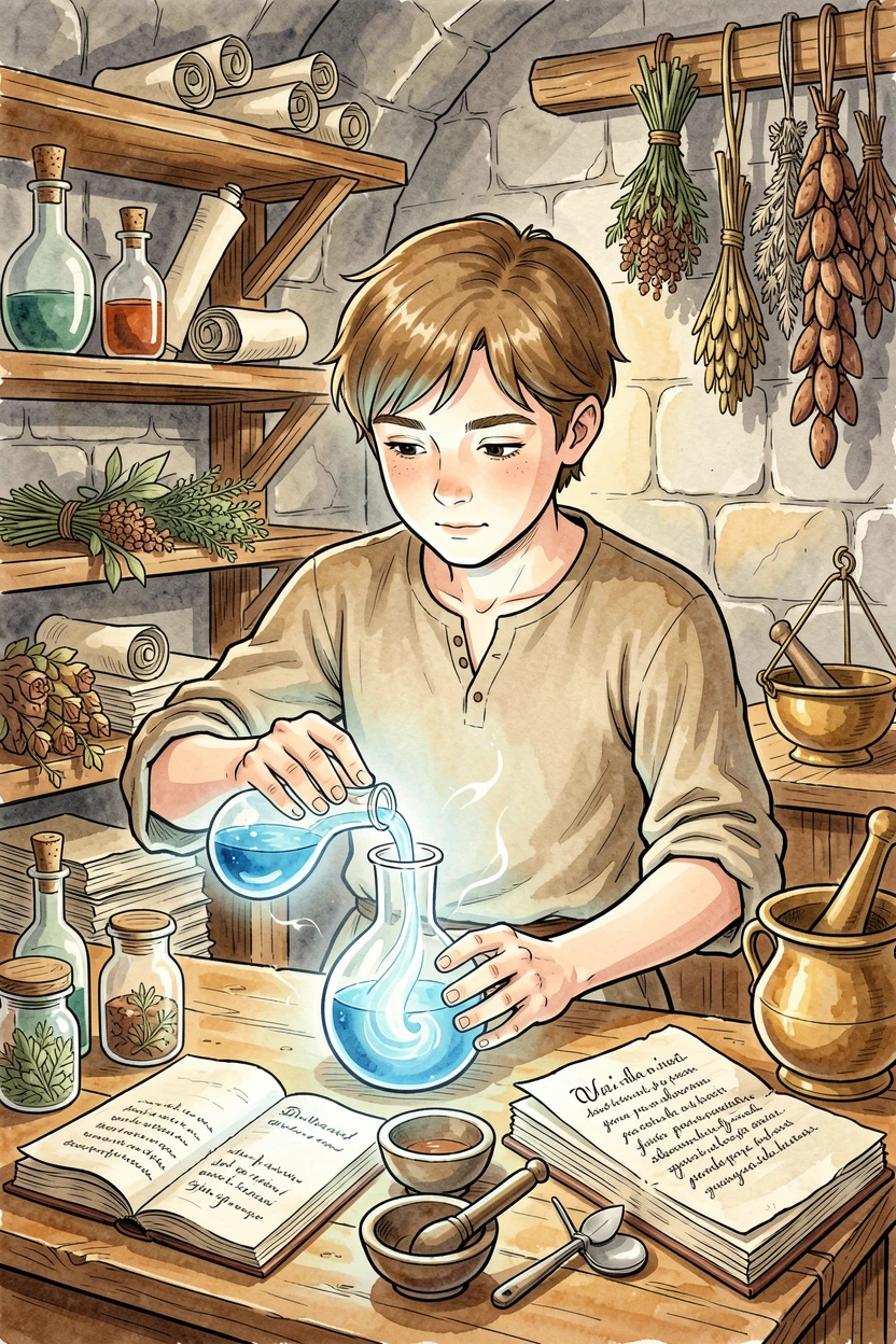 A young apprentice mixing glowing potions in a cluttered alchemy tower, a soft magical glow illuminating the entire scene.