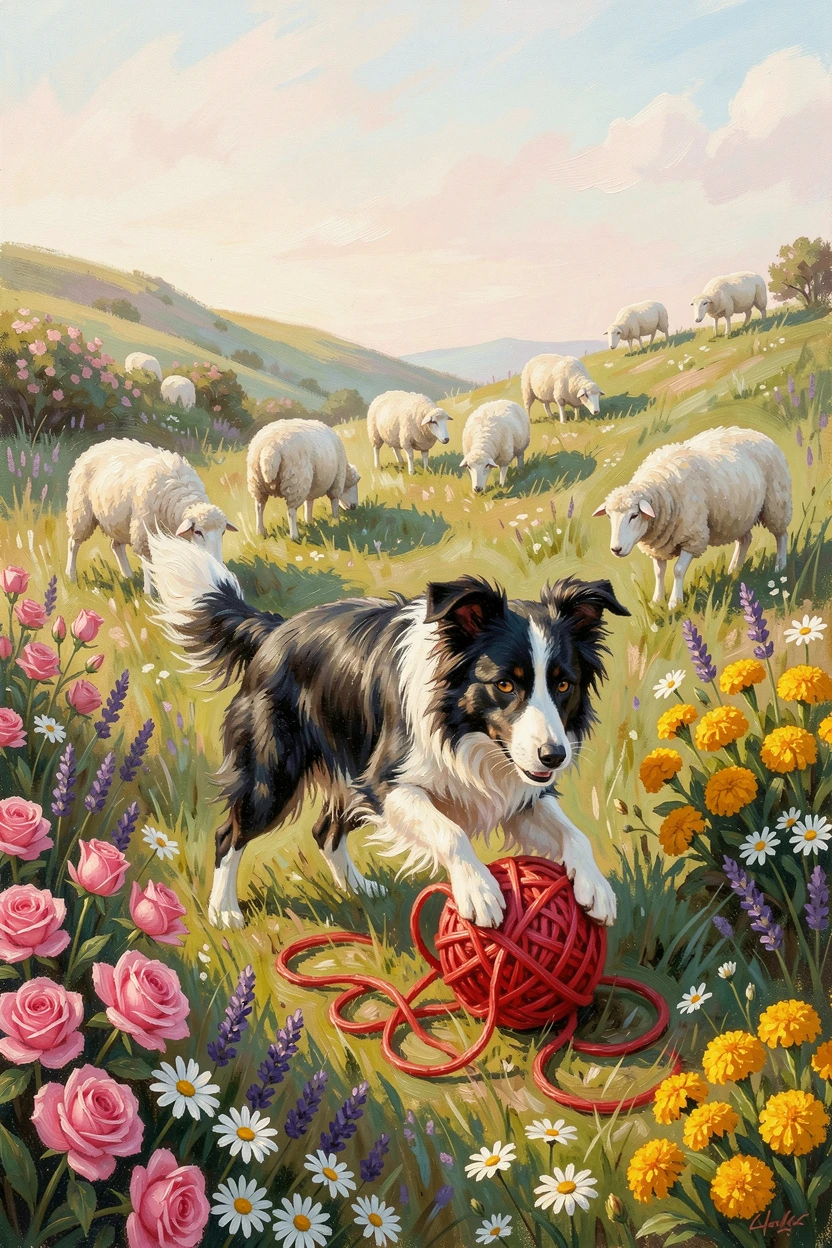 In the soft light of early morning, a border collie herding sheep across a green hillside, in a sunlit garden filled with blooming flowers, it playfully pouncing on a ball of yarn.