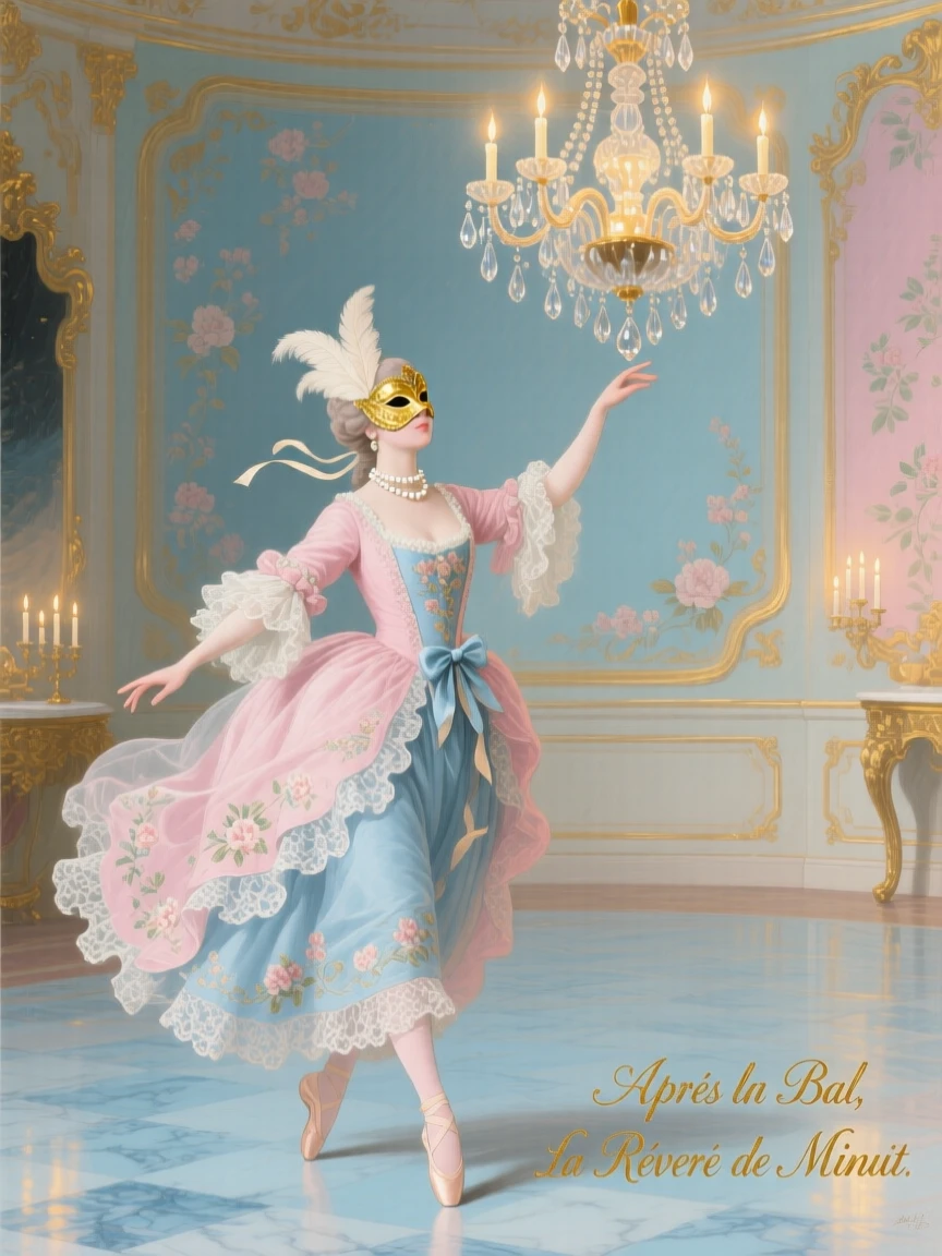 A masked dancer pausing beneath a chandelier after a midnight ball  