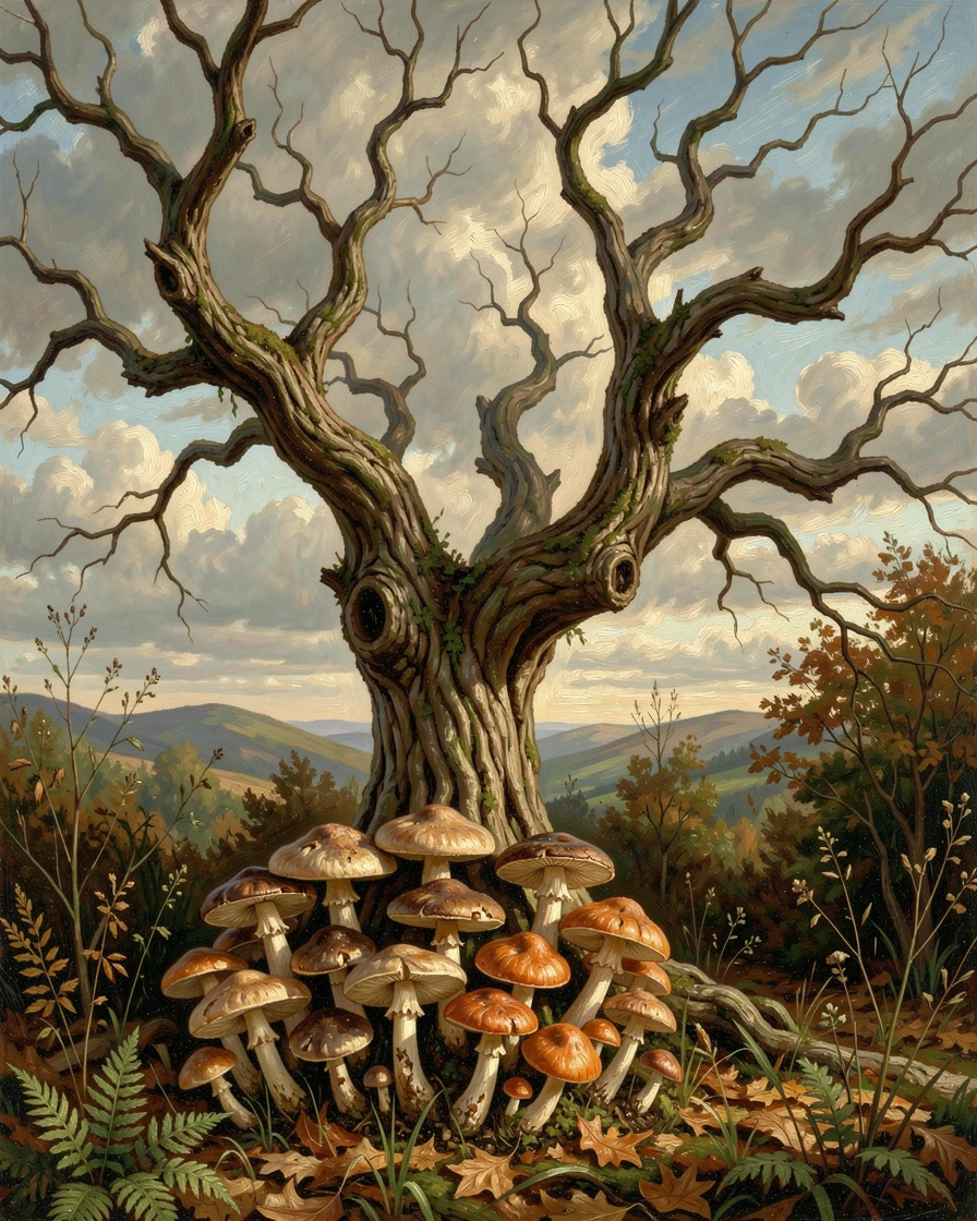 Wild mushrooms cluster at the base of an old, twisted tree.