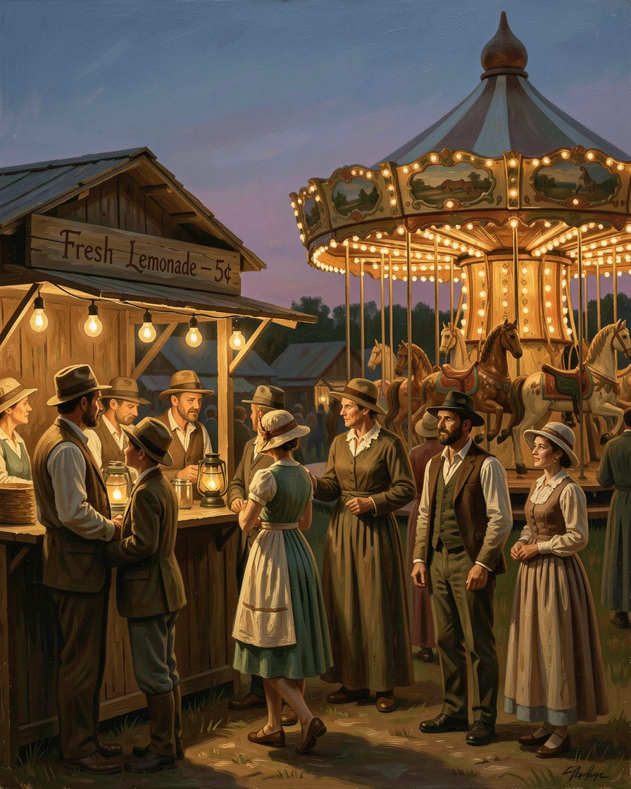A summer county fair glowing with carnival lights at dusk, as golden or twinkling light creates a magical atmosphere, capturing the warmth, joy, and magic of the season