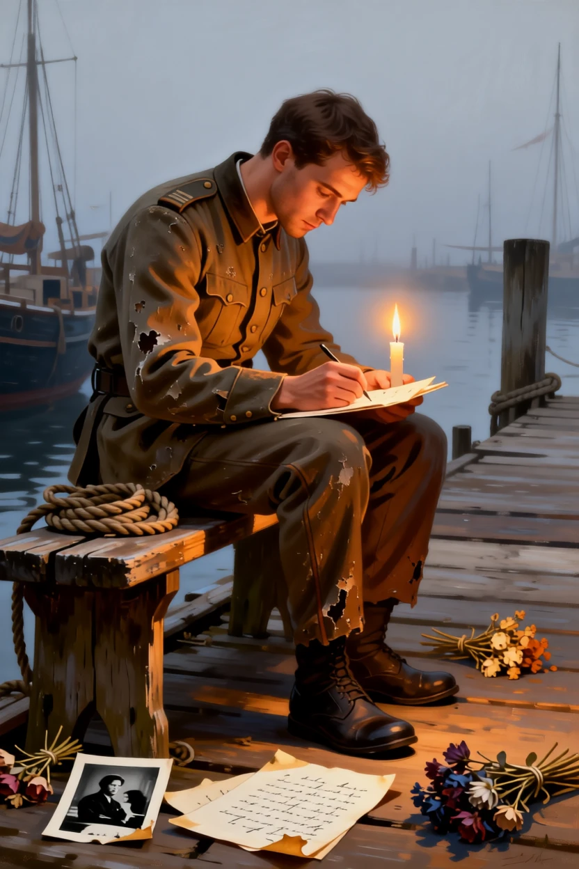 A soldier writing a letter home by candlelight holding perfectly still in contemplative silence, set on a weathered dockside bench beside coiled rope, surrounded by scattered letters, a faded photograph, and dried flowers; soft background blur isolates the sitter as the clear focal point, radiating warmth, humility, and lived experience.