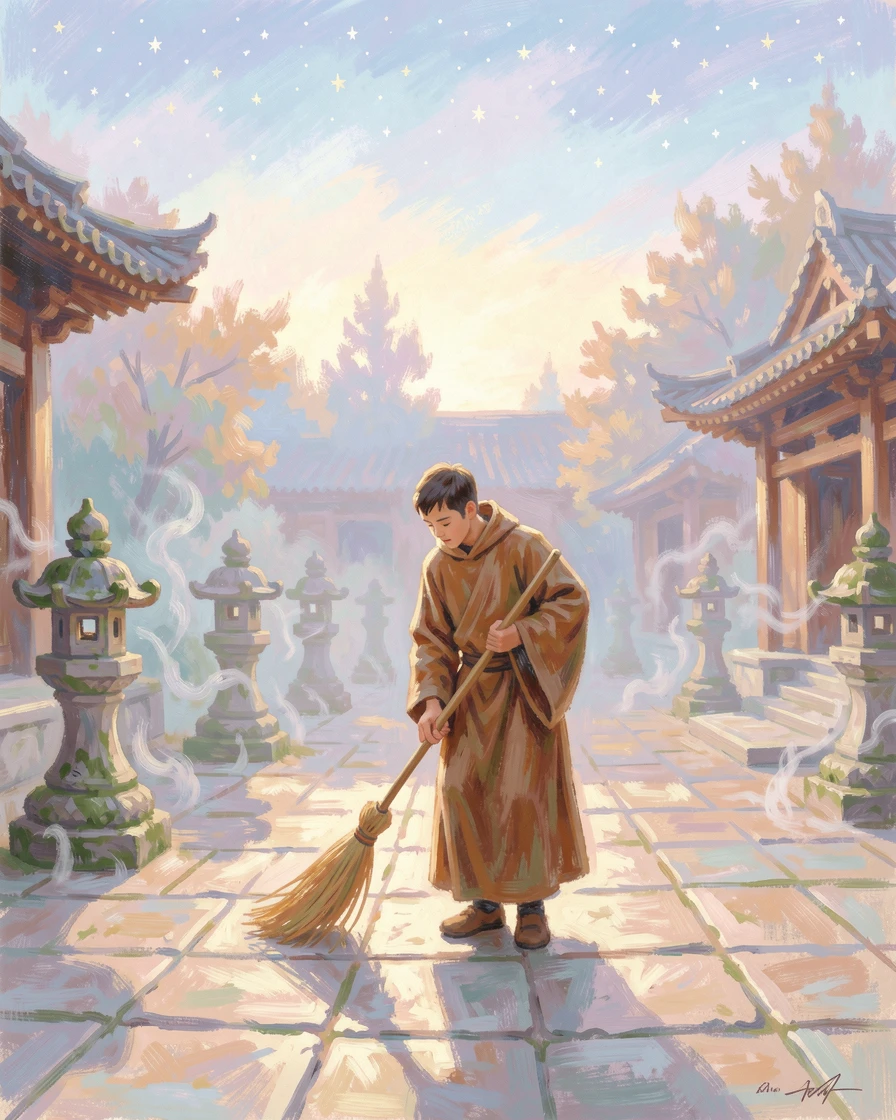 A young monk sweeping the courtyard of an ancient temple at first light, mist curling around stone lanterns, under a canopy of stars, radiating serenity and gentle stillness.