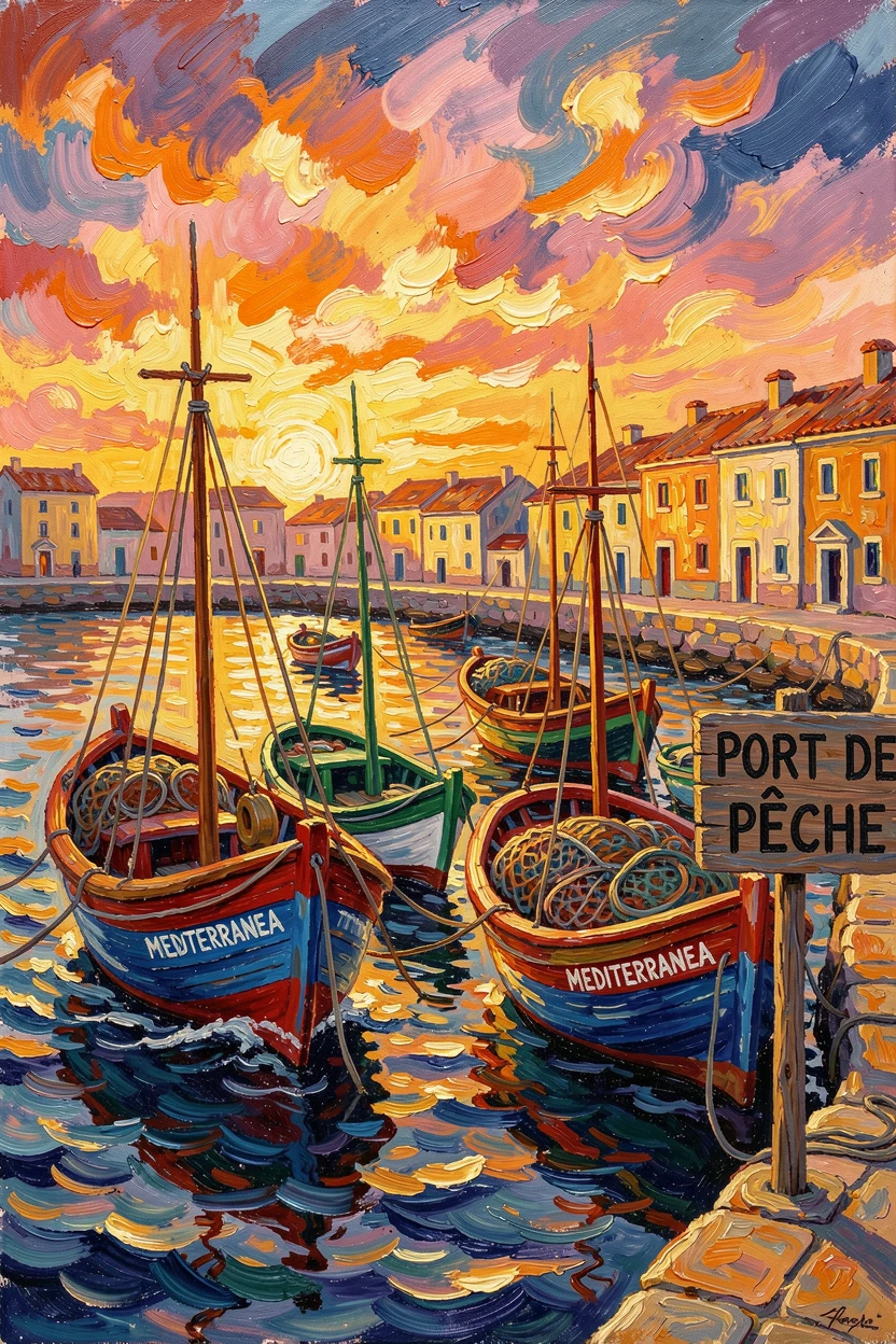 Traditional fishing boats returning to a Mediterranean harbor at golden hour.
