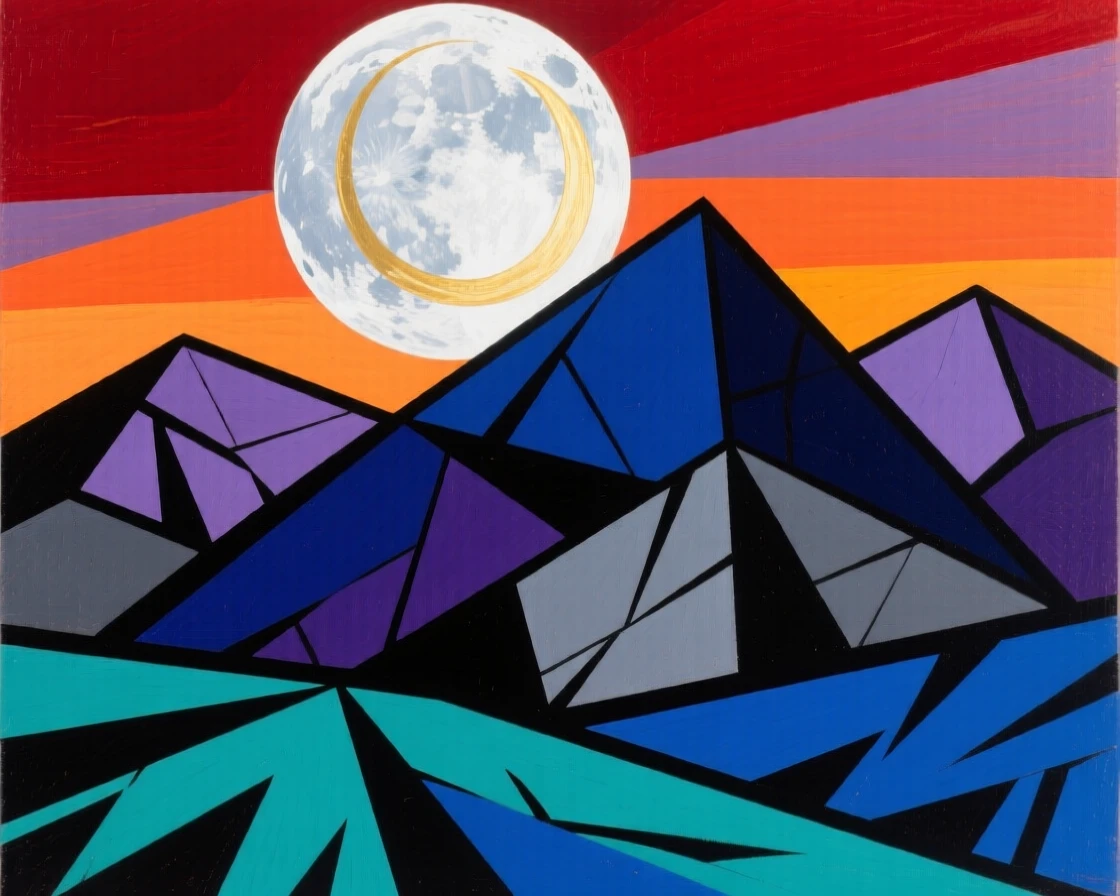 A full moon rising dramatically over a silhouetted mountain range at dusk.
