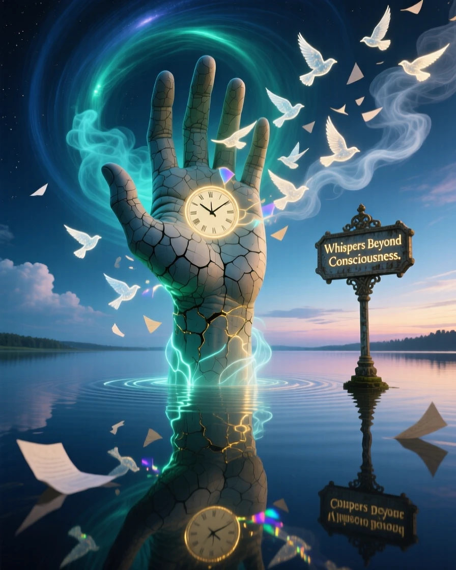 A hand releasing a flock of birds shaped like fading thoughts hovers weightlessly above a calm, reflective surface, while soft light gathers gently around its edges.
