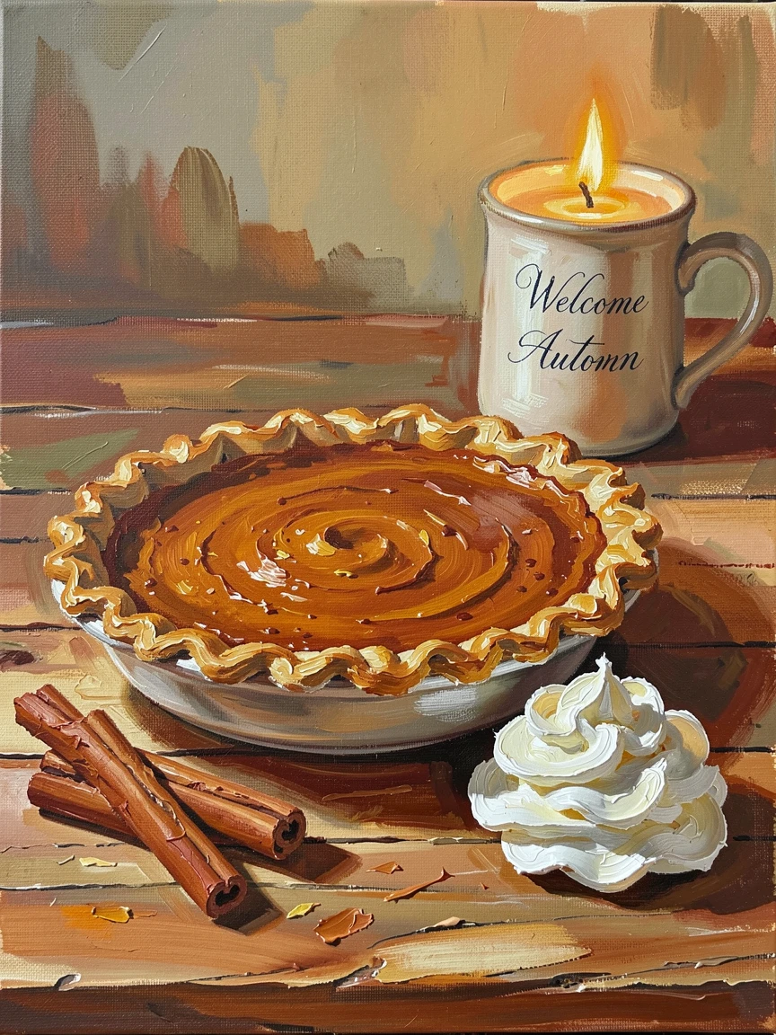 A cozy autumn table displays a spiced pumpkin pie beside a dollop of whipped cream and a scattering of cinnamon sticks, a sense of warmth and hospitality conveyed through the careful arrangement of the meal.